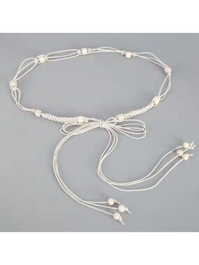 White/Beige Braided Rope Wrap-Around Belt With Wooden Beads